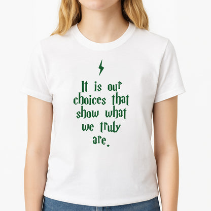 It Is Our Choices Unisex T-Shirt, worn by a female model