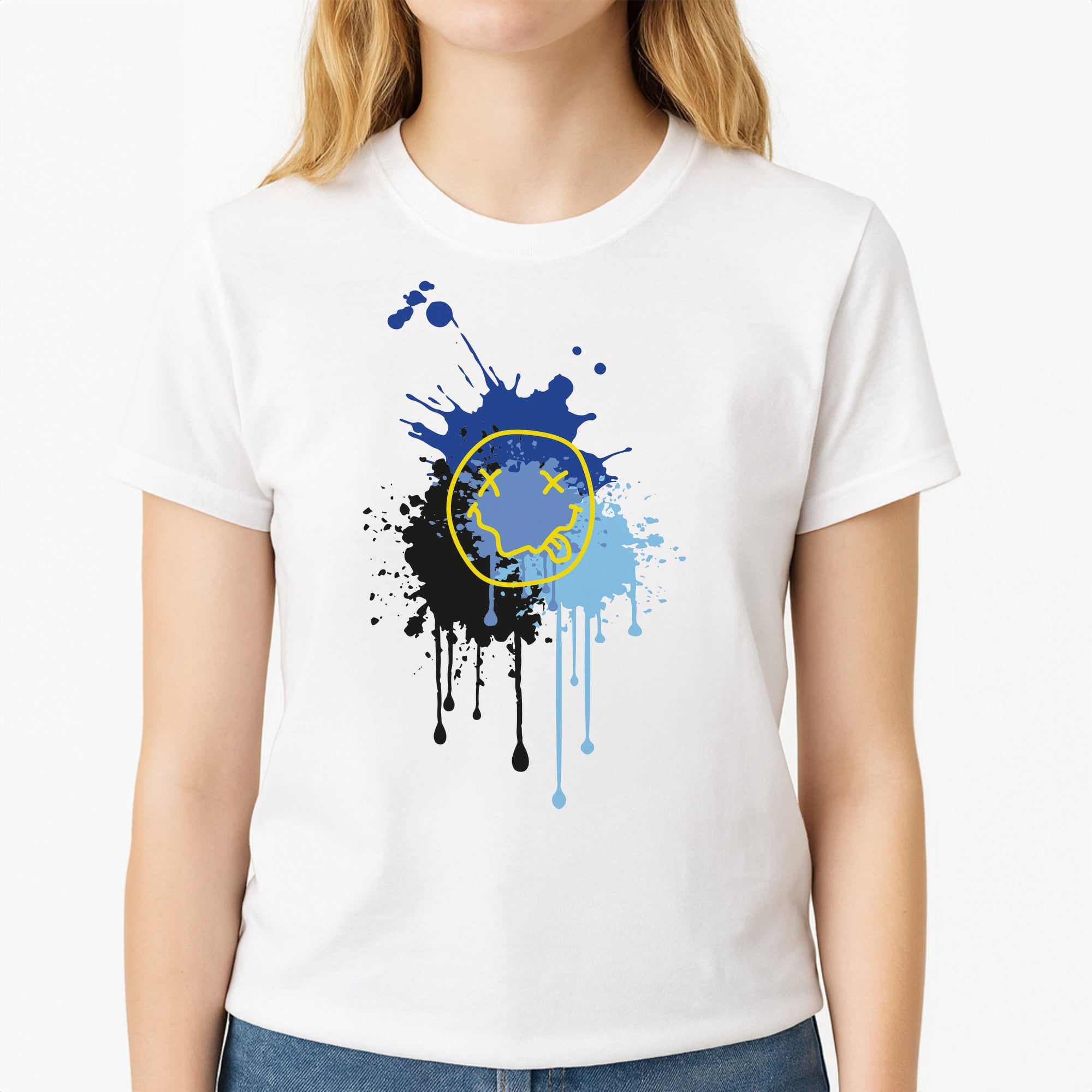 Blue Graffiti - Skate Aesthetic  Unisex T-Shirt, worn by a female model