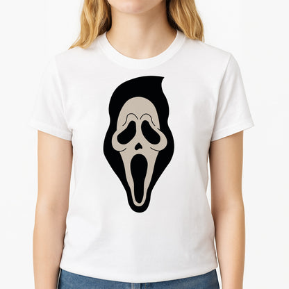 Pink Ghostface Pattern - Scream Unisex T-Shirt, worn by a female model