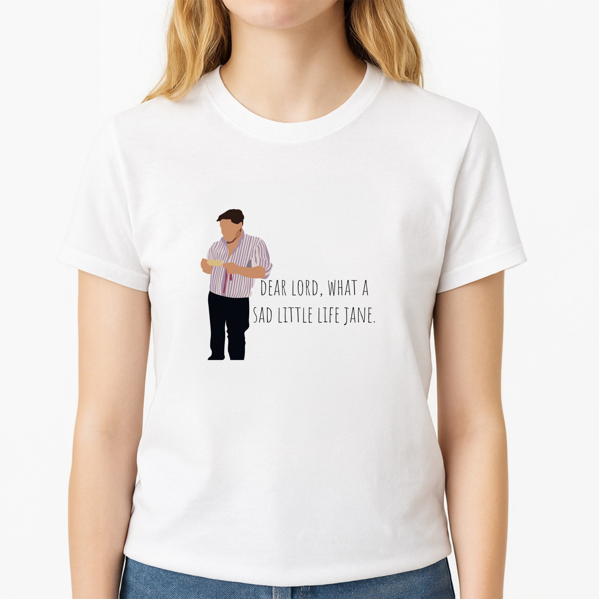 Sad Little Life Jane - British Pop Culture Unisex T-Shirt, worn by a female model
