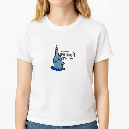 Bye Buddy - Elf  Unisex T-Shirt, worn by a female model