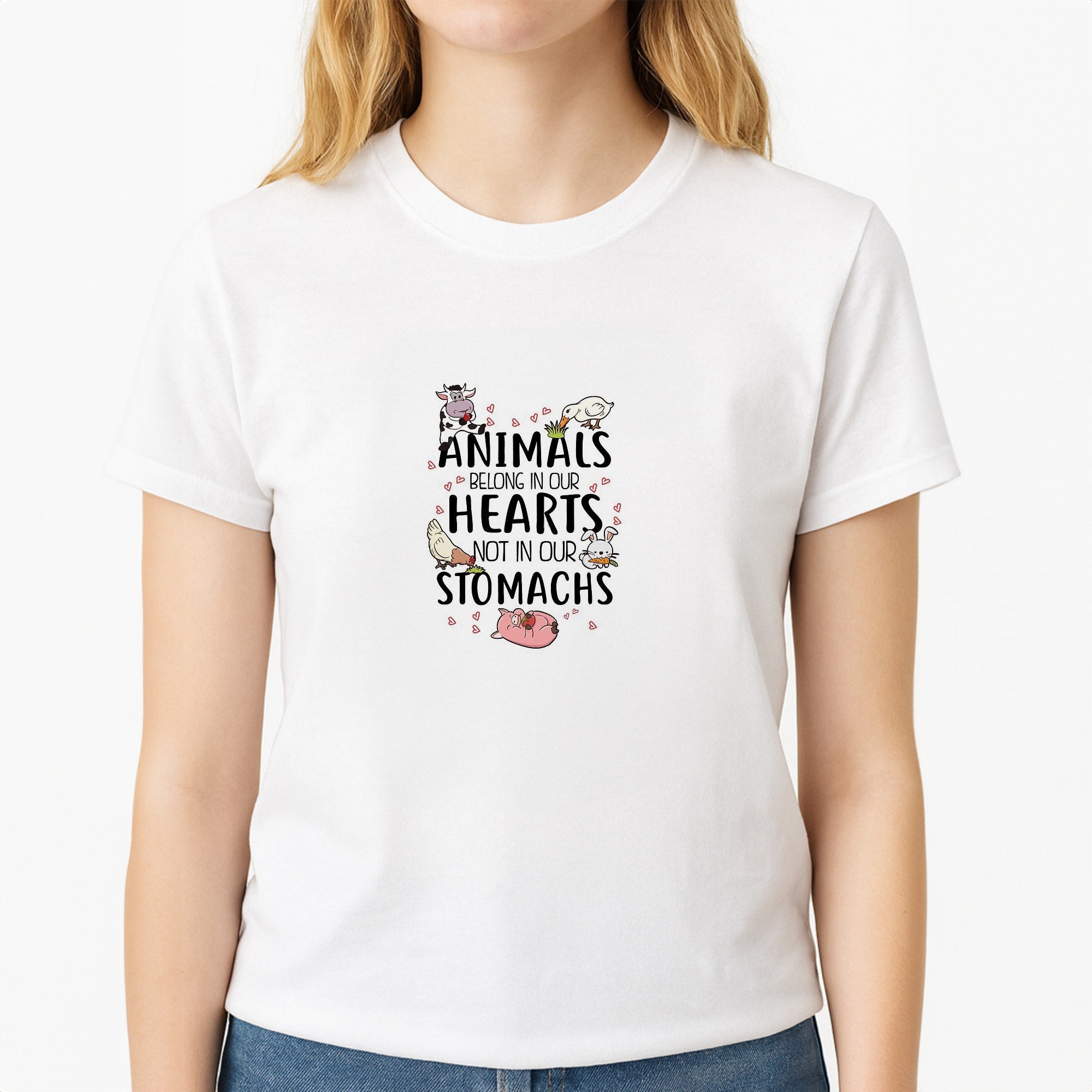 Animals Belong In Our Hearts - Vegan Unisex T-Shirt, worn by a female model