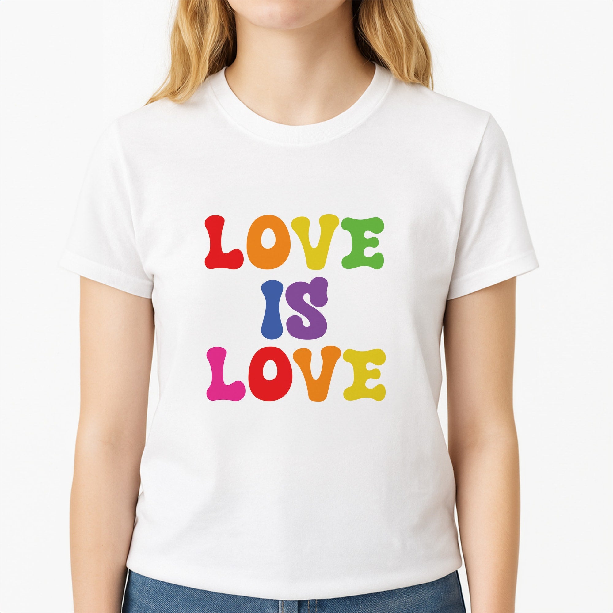 Love Is Love - Pride Unisex T-Shirt, worn by a female model