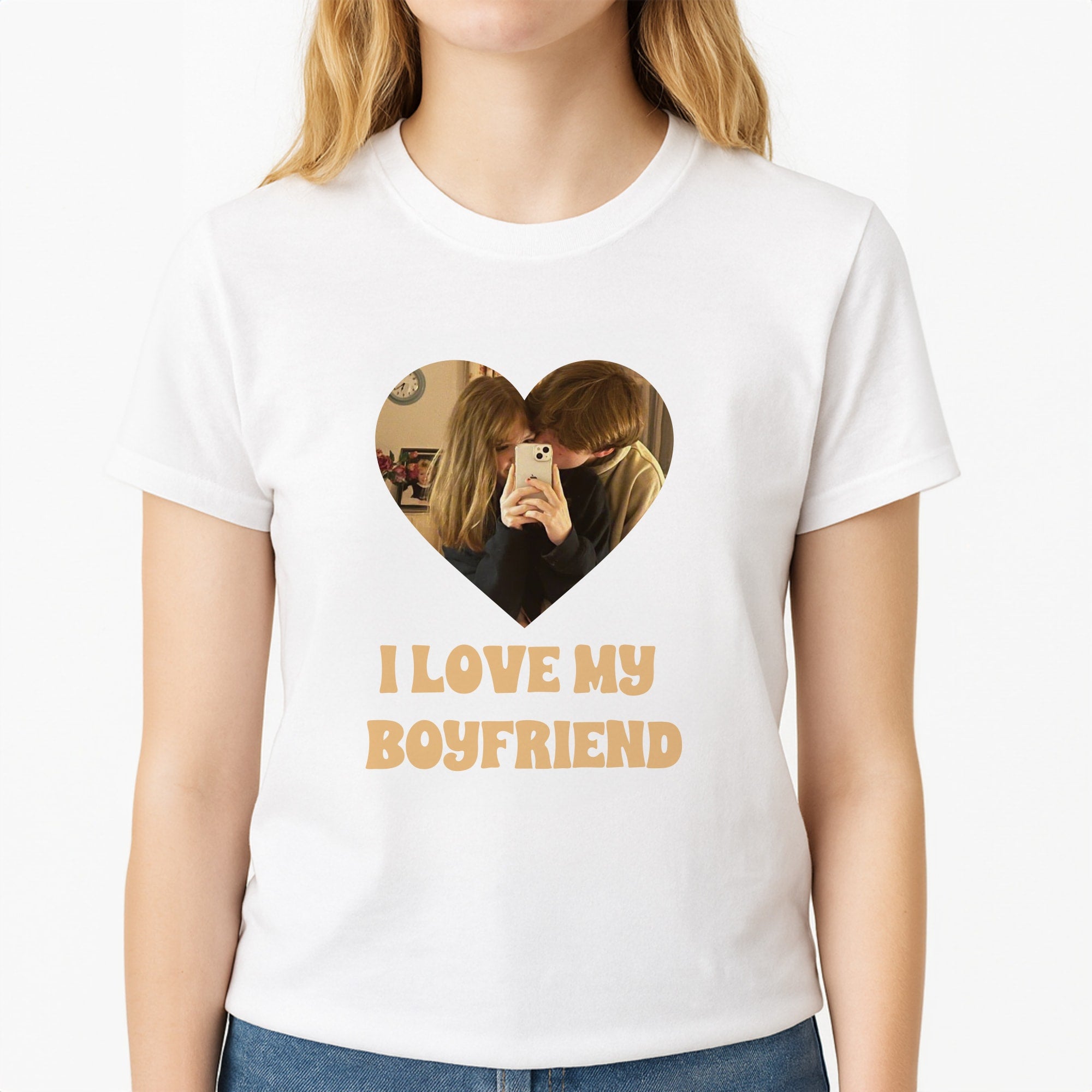 I Love My Boyfriend - Personalised Couples Unisex T-Shirt, worn by a female model