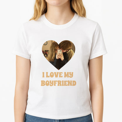 I Love My Boyfriend - Personalised Couples Unisex T-Shirt, worn by a female model