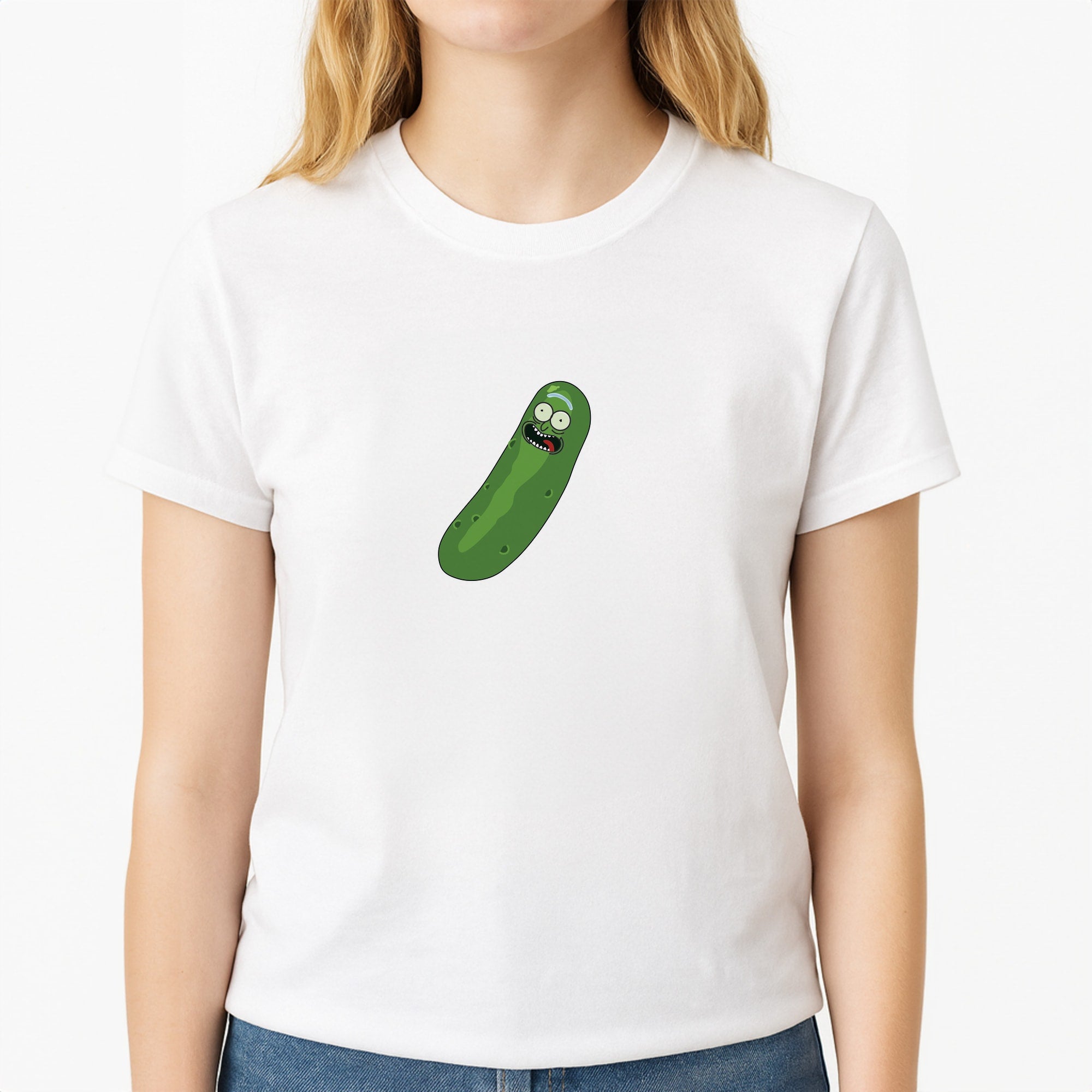 Pickle Rick - RAM Unisex T-Shirt, worn by a female model