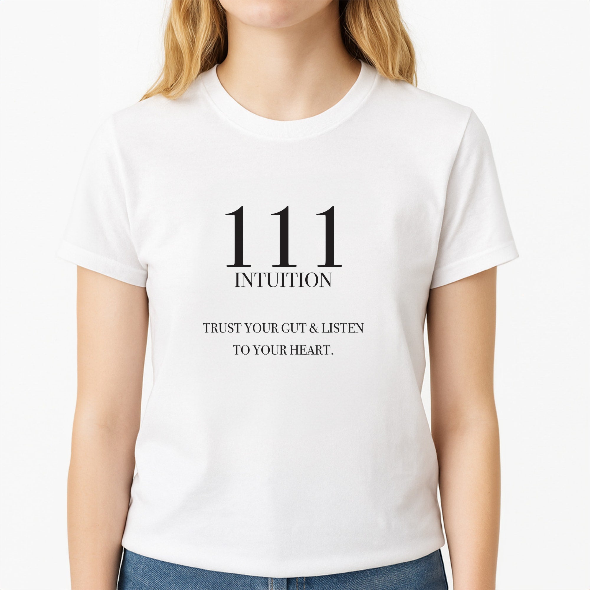 111 - Angel Numbers Unisex T-Shirt, worn by a female model