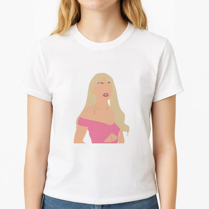 Pink Dress Unisex T-Shirt, worn by a female model