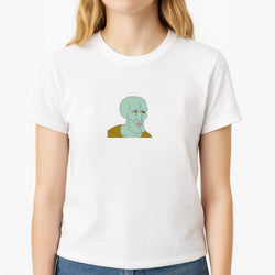 Muscly Squidward Unisex T-Shirt, worn by a female model