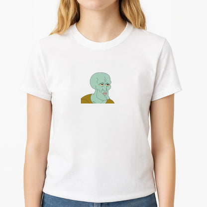 Muscly Squidward Unisex T-Shirt, worn by a female model