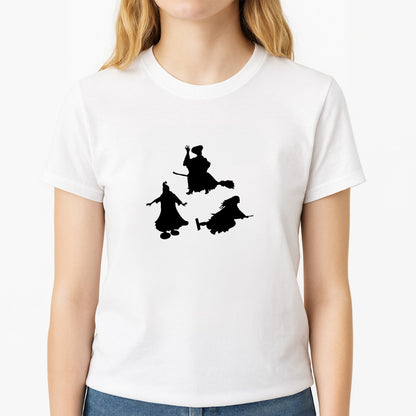 Witches Outline - Hocus Halloween Unisex T-Shirt, worn by a female model