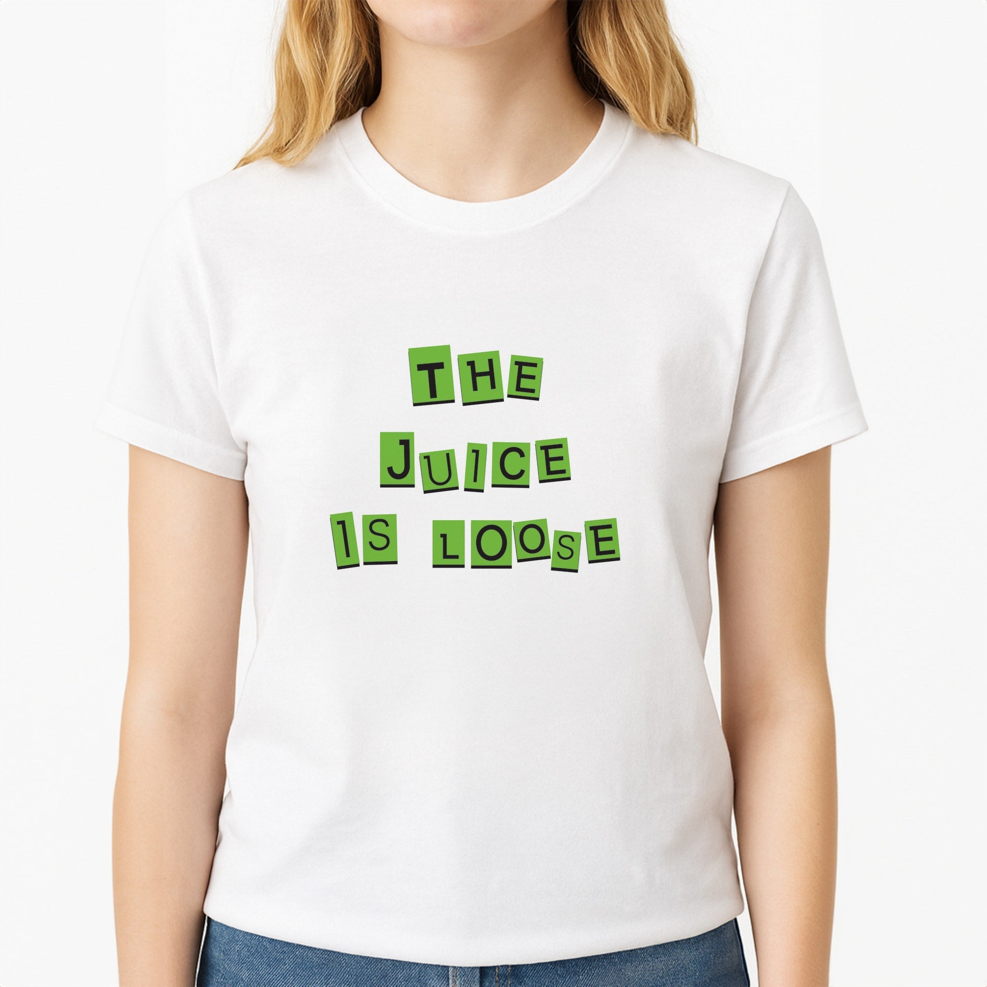The Juice Is Loose Unisex T-Shirt, worn by a female model