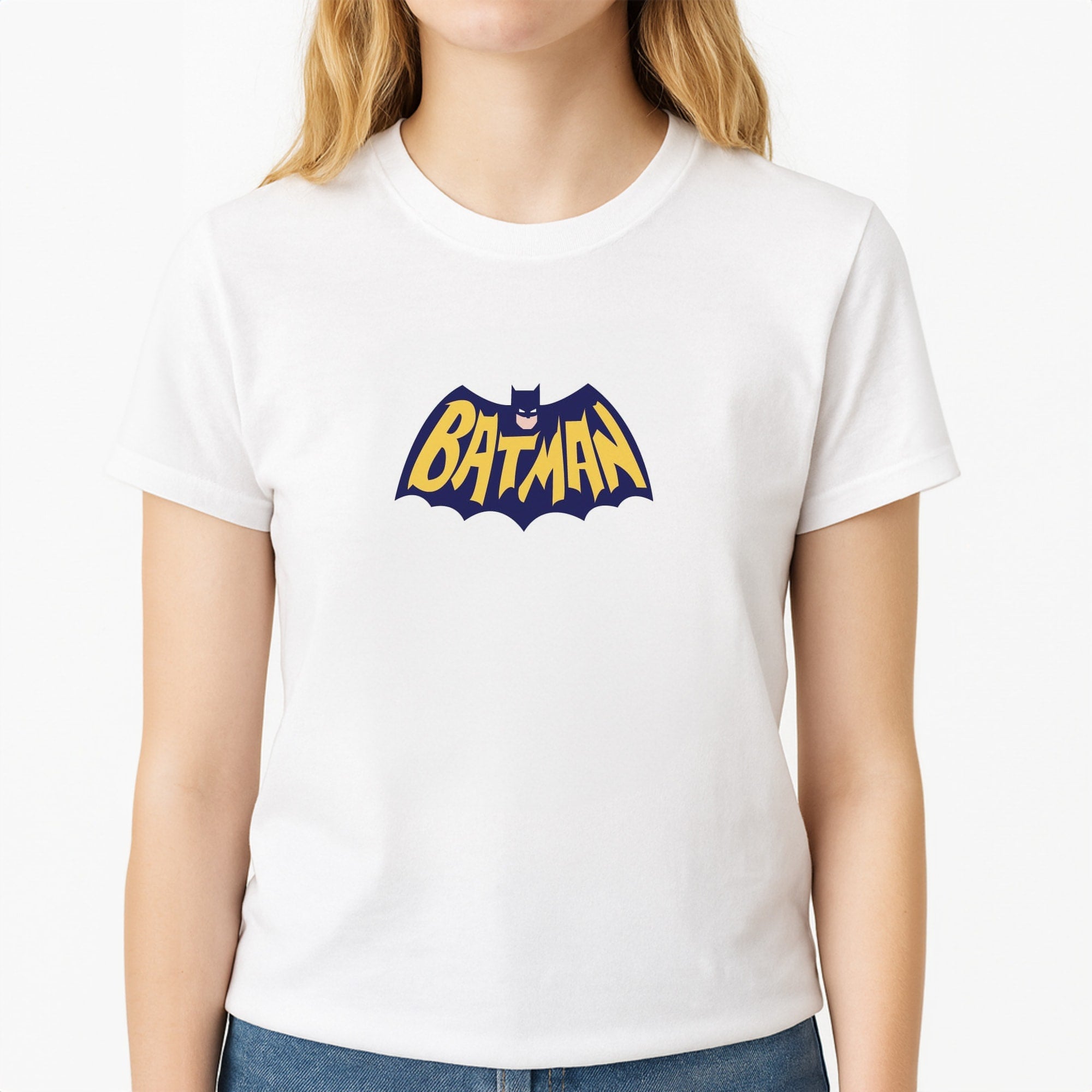 Bat Superhero Purple Logo Unisex T-Shirt, worn by a female model