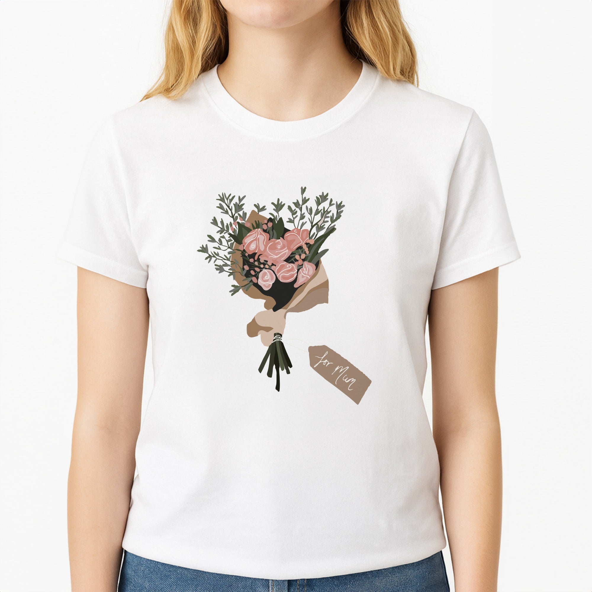 Mum Bouquet - Mother's Day Unisex T-Shirt, worn by a female model