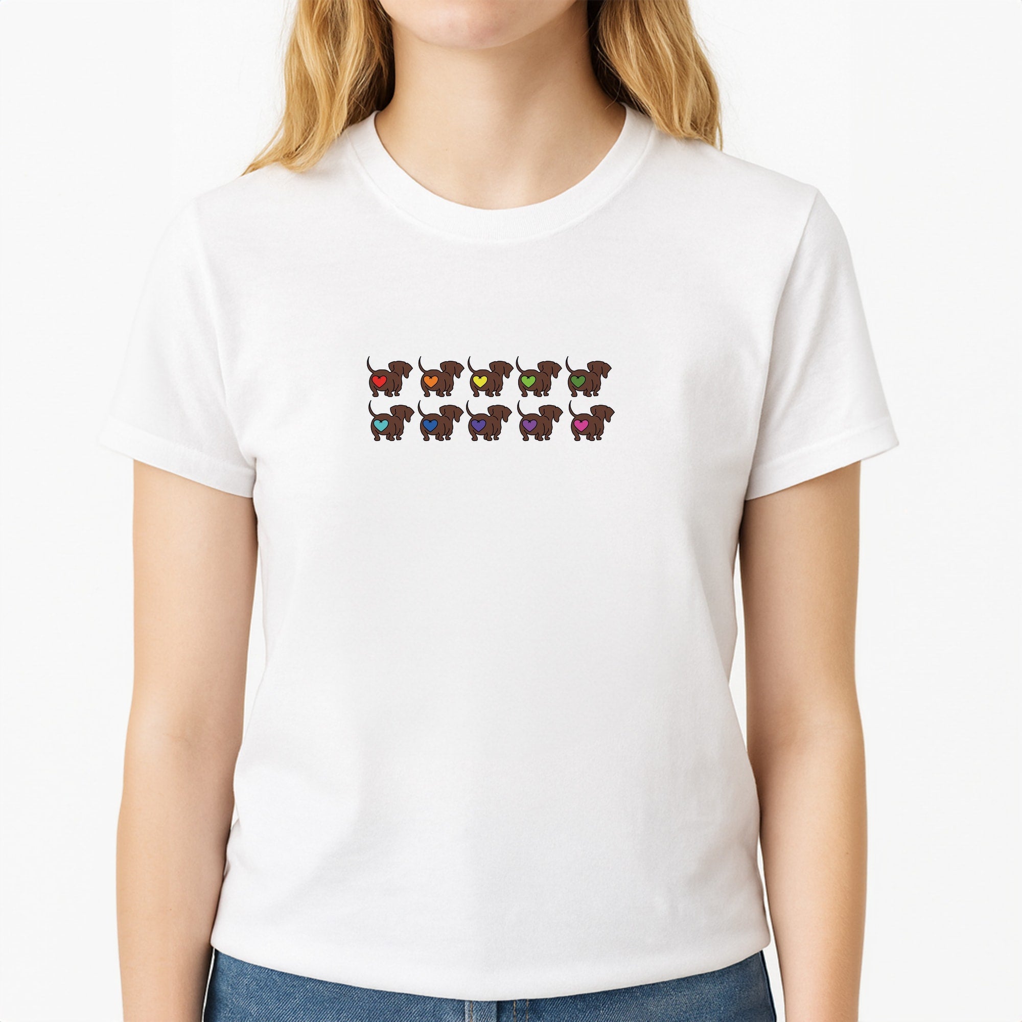 Love hearts - Dachshunds Unisex T-Shirt, worn by a female model