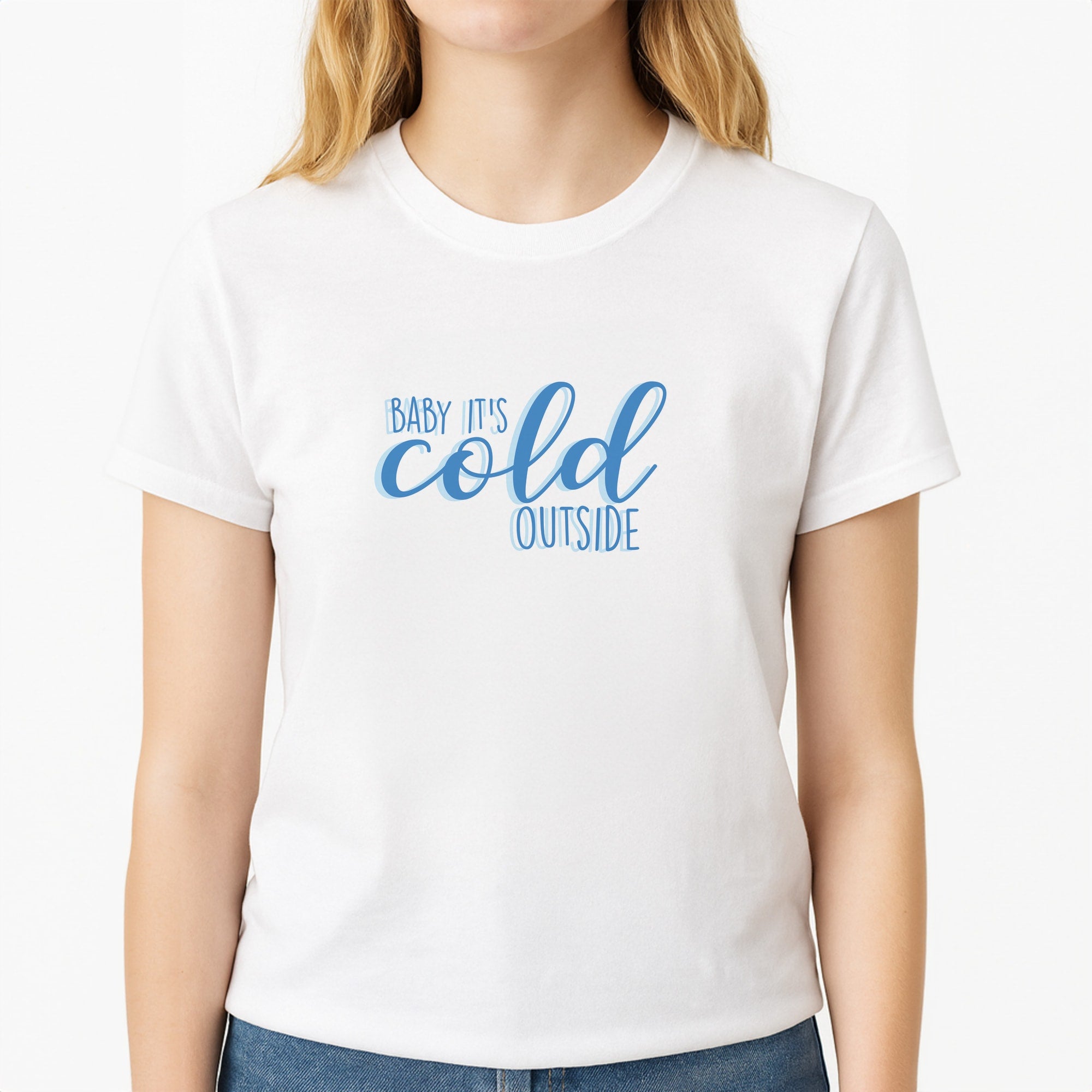 Baby It's Cold Outside - Christmas Songs Unisex T-Shirt, worn by a female model