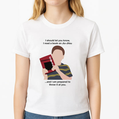 Book On Jiu-Jitsu - Sheldon Unisex T-Shirt, worn by a female model