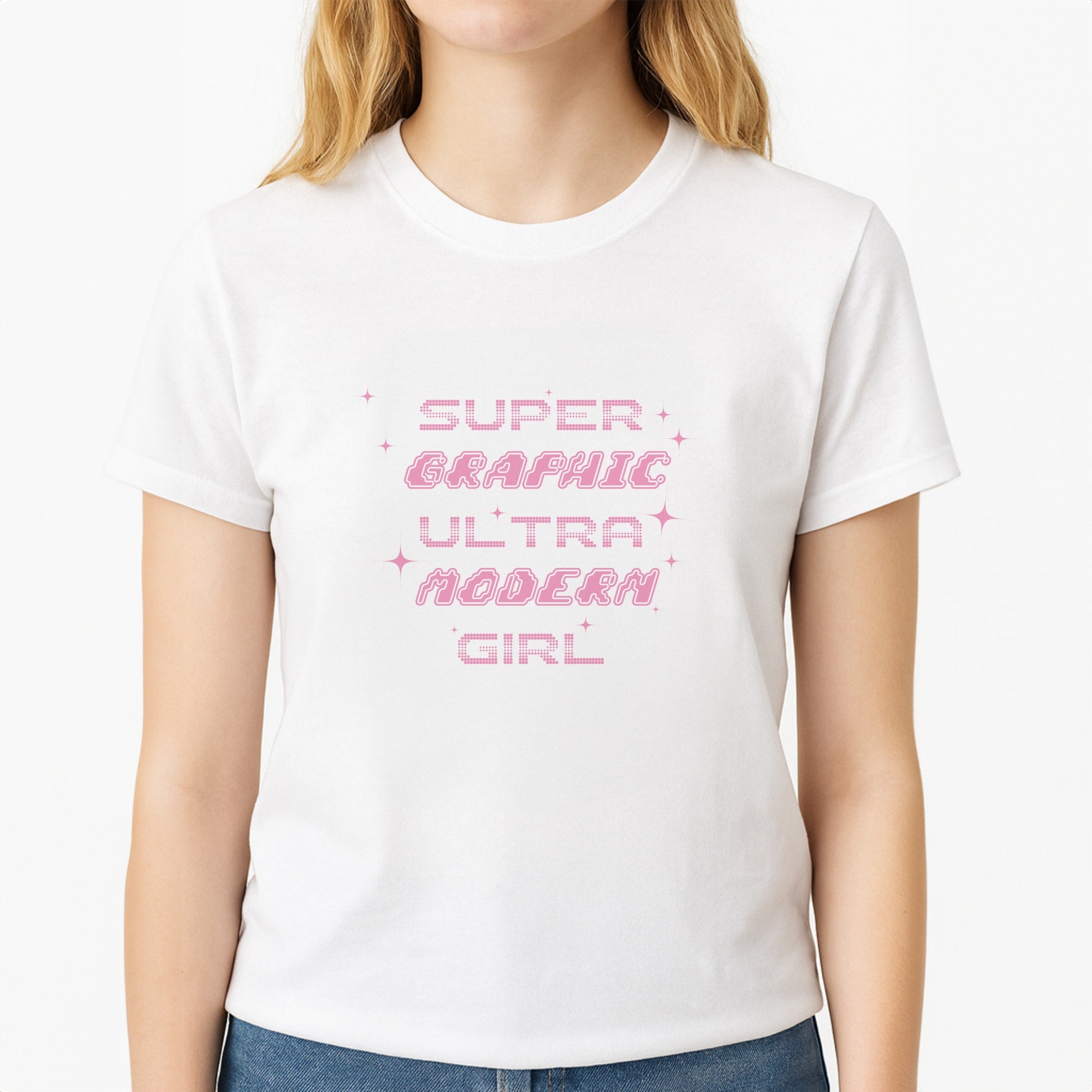 Super Graphic Ultra Modern Girl - Chappell Unisex T-Shirt, worn by a female model