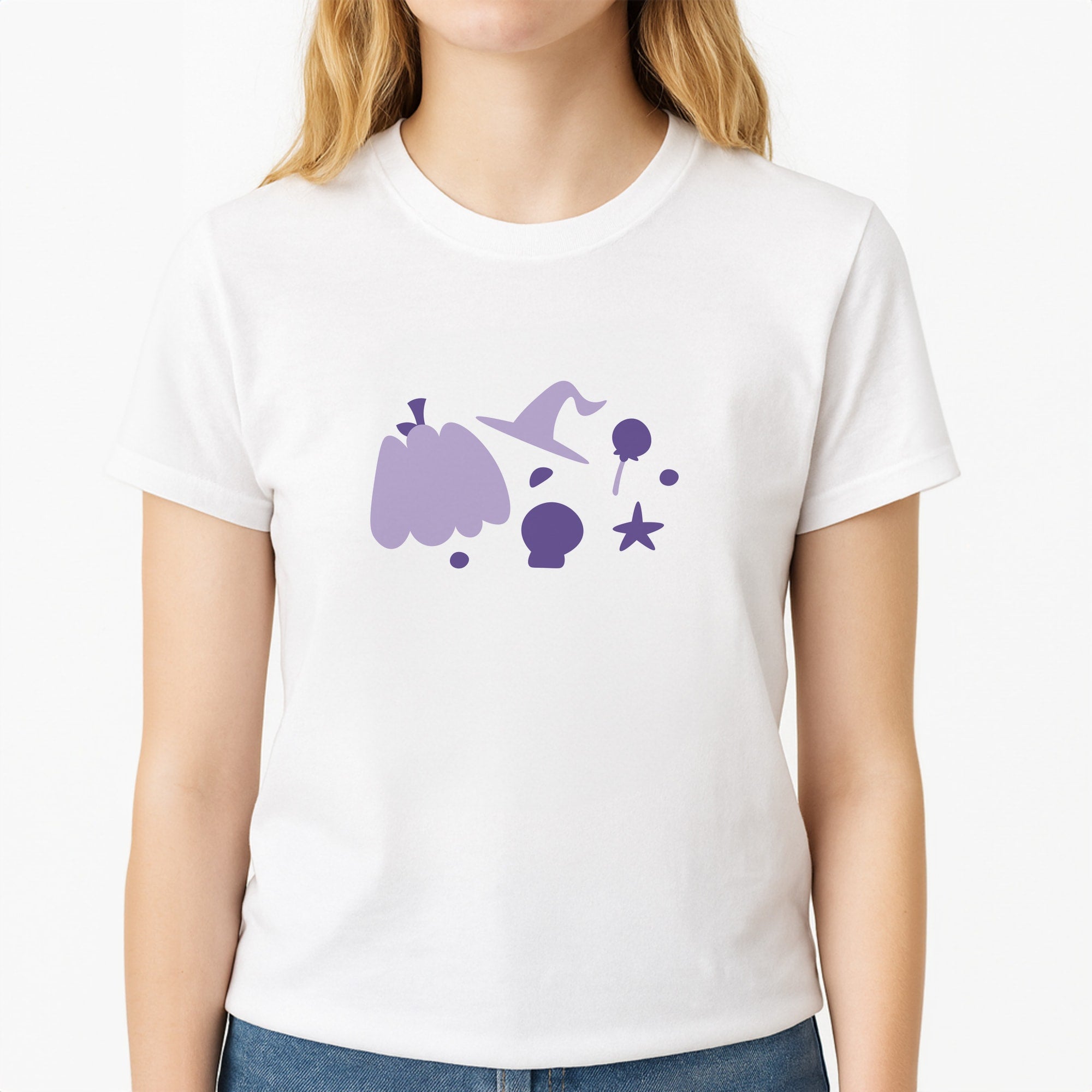 Halloween Pattern 5 Unisex T-Shirt, worn by a female model