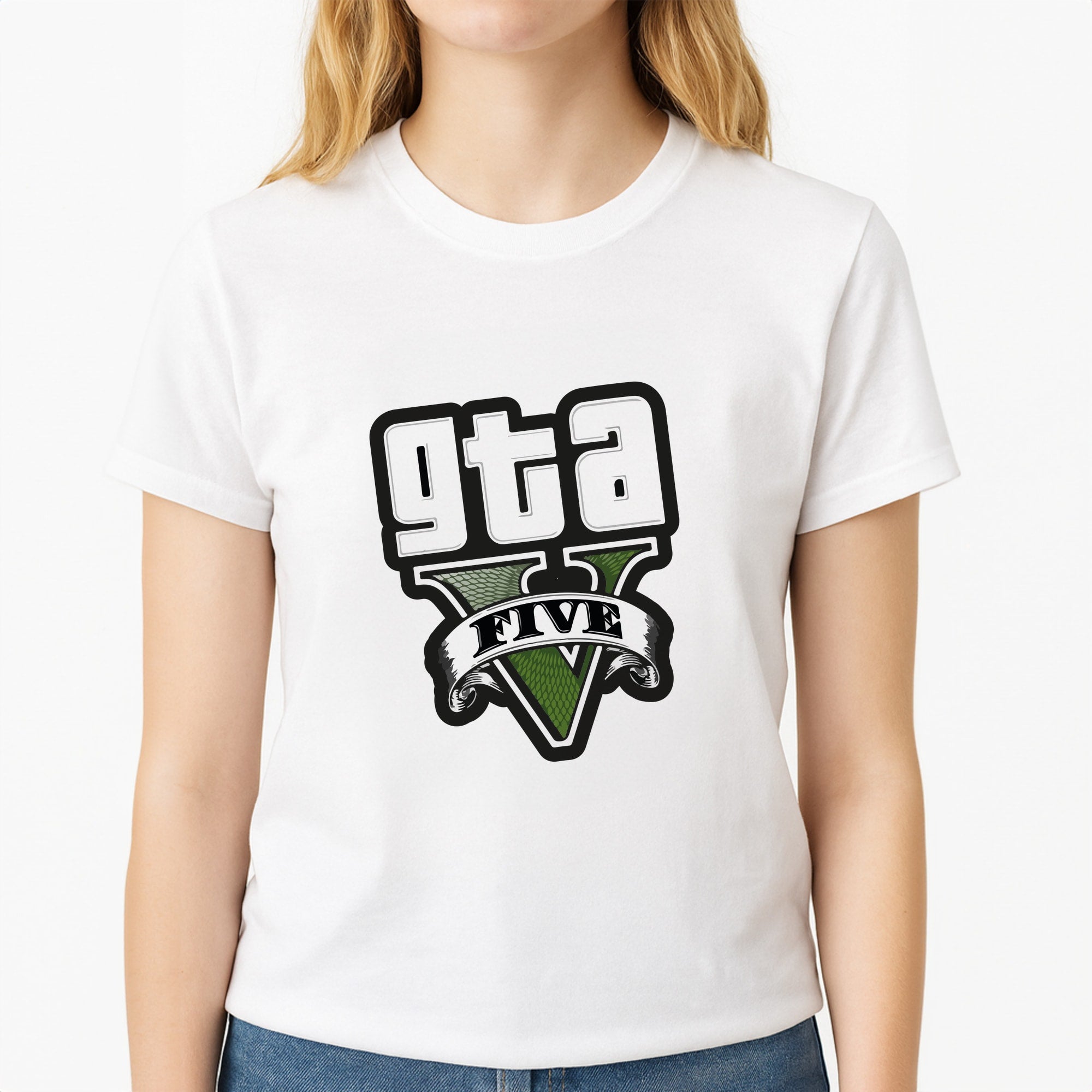 Green Five - Video Game Unisex T-Shirt, worn by a female model