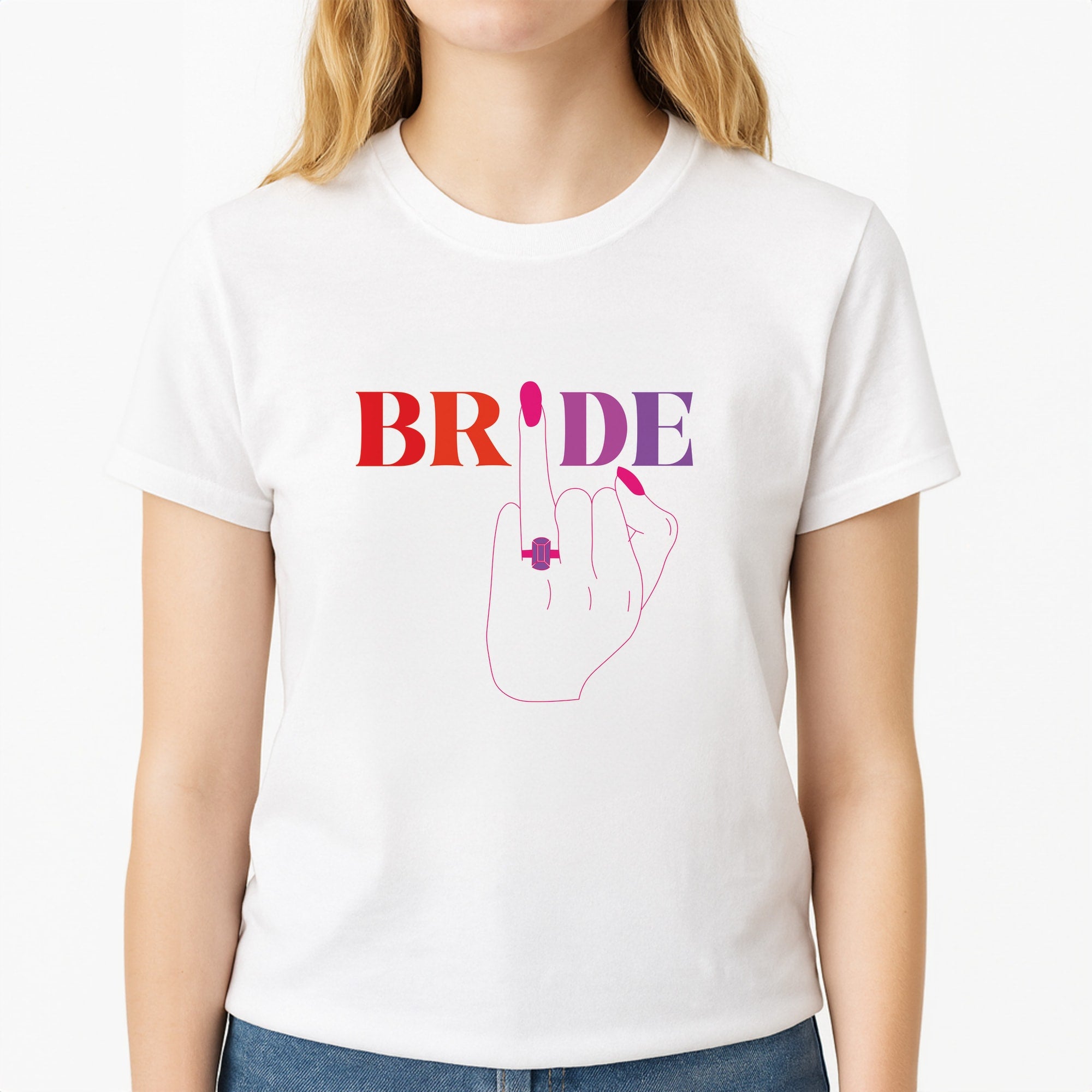 Bride - Bridal  Unisex T-Shirt, worn by a female model