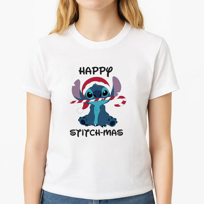 Happy Blue Alienmas - Christmas Unisex T-Shirt, worn by a female model