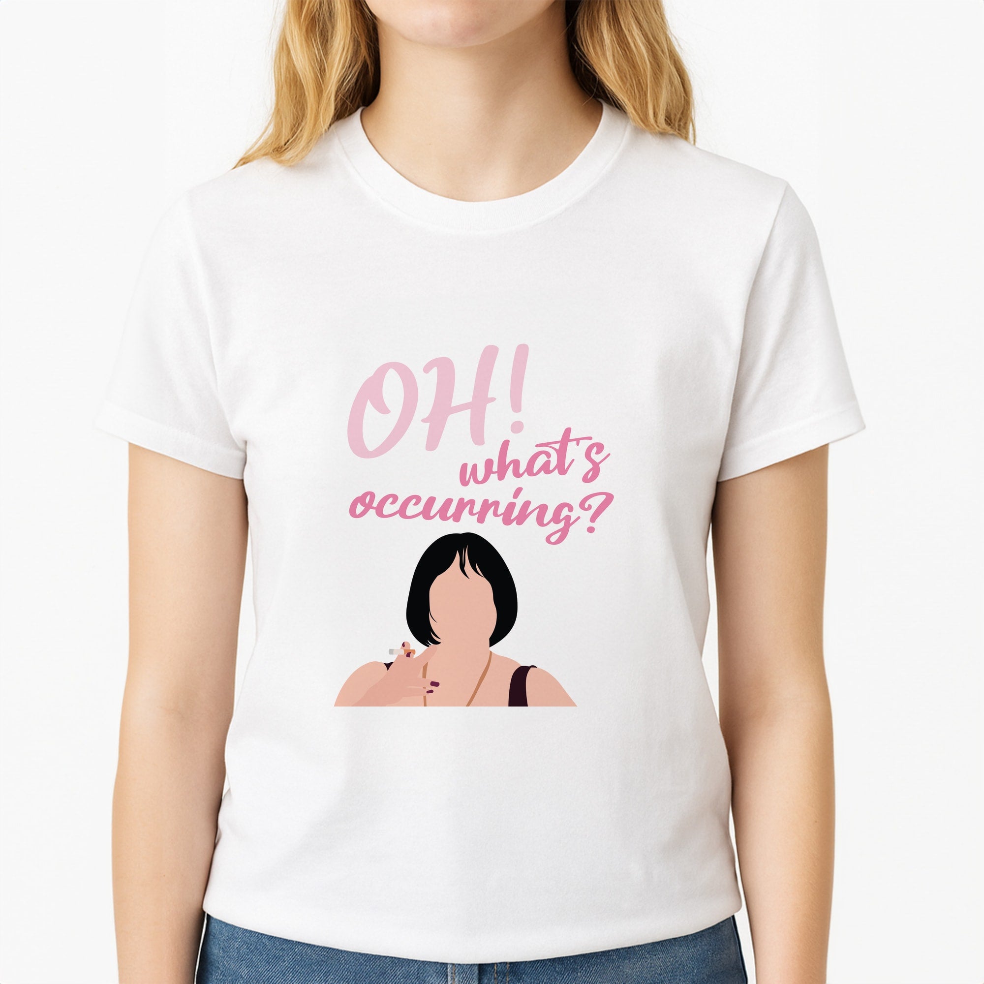What's Occuring? Unisex T-Shirt, worn by a female model