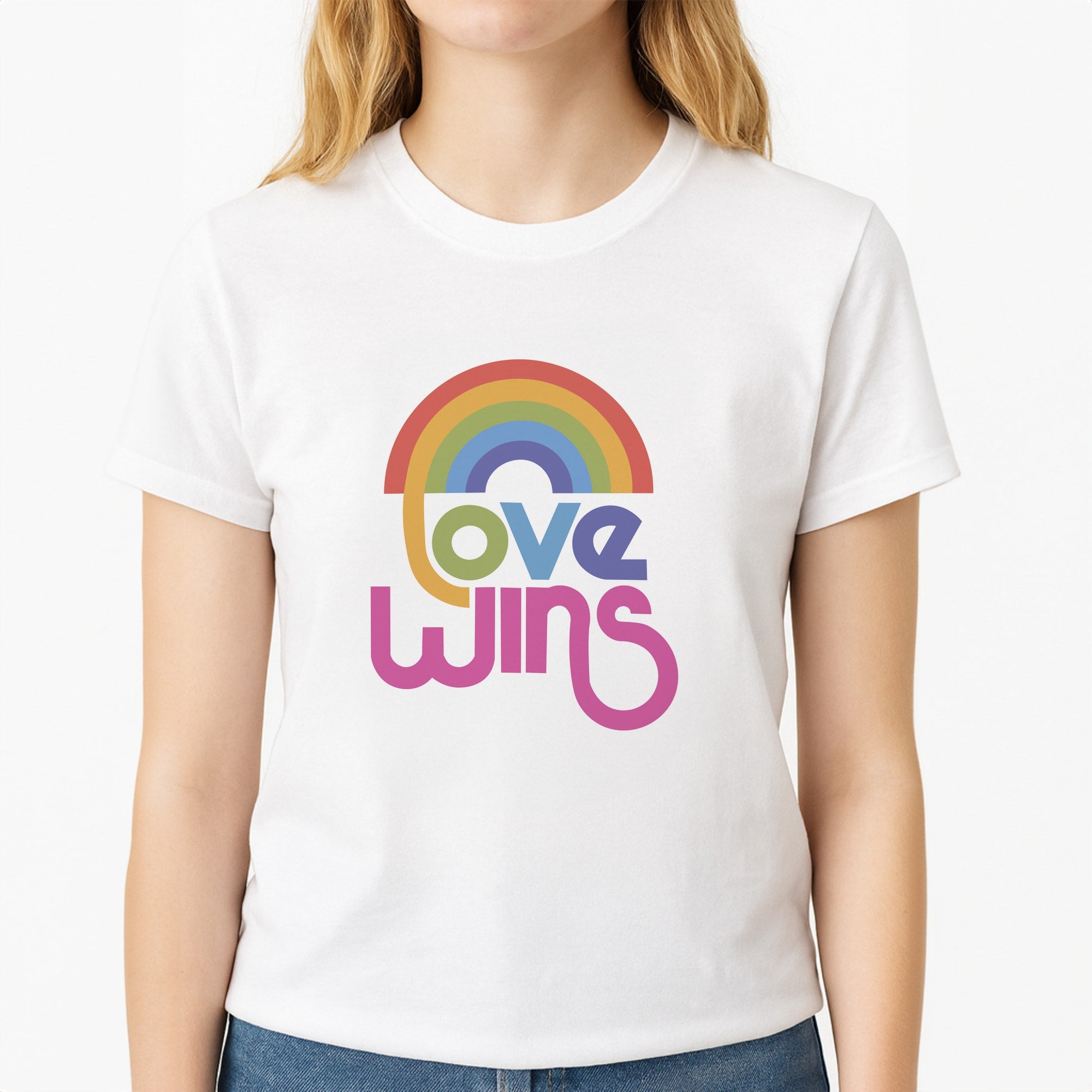 Love Wins - Pride Unisex T-Shirt, worn by a female model