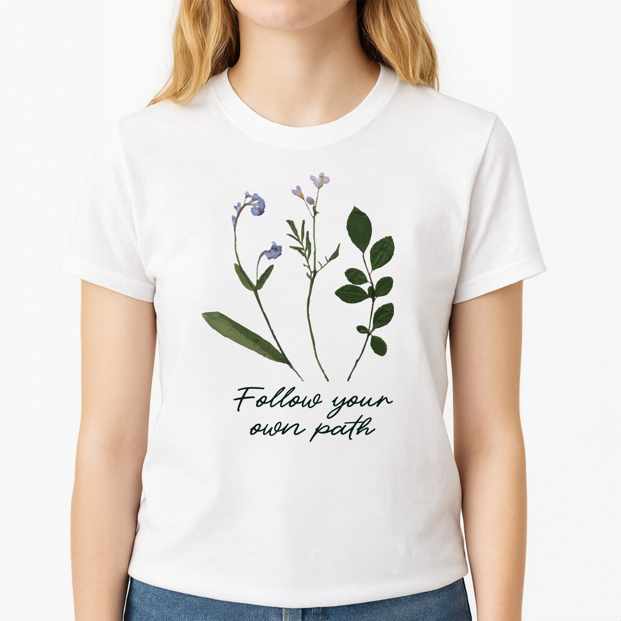 Follow Your Own Path Dark Green Unisex T-Shirt, worn by a female model