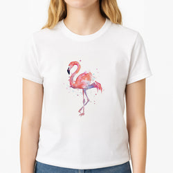 Watercolour Flamingo Painting Unisex T-Shirt, worn by a female model