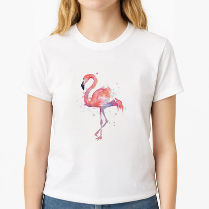 Watercolour Flamingo Painting Unisex T-Shirt, worn by a female model