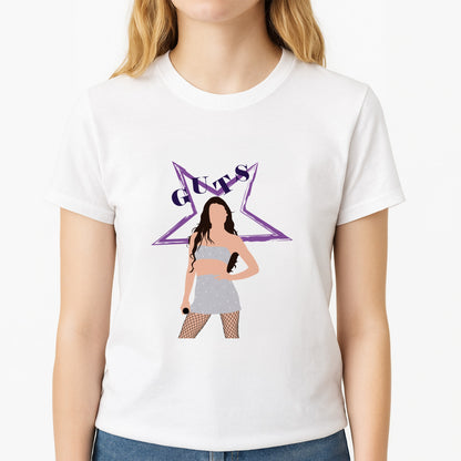 Dark Purple Olivia Unisex T-Shirt, worn by a female model