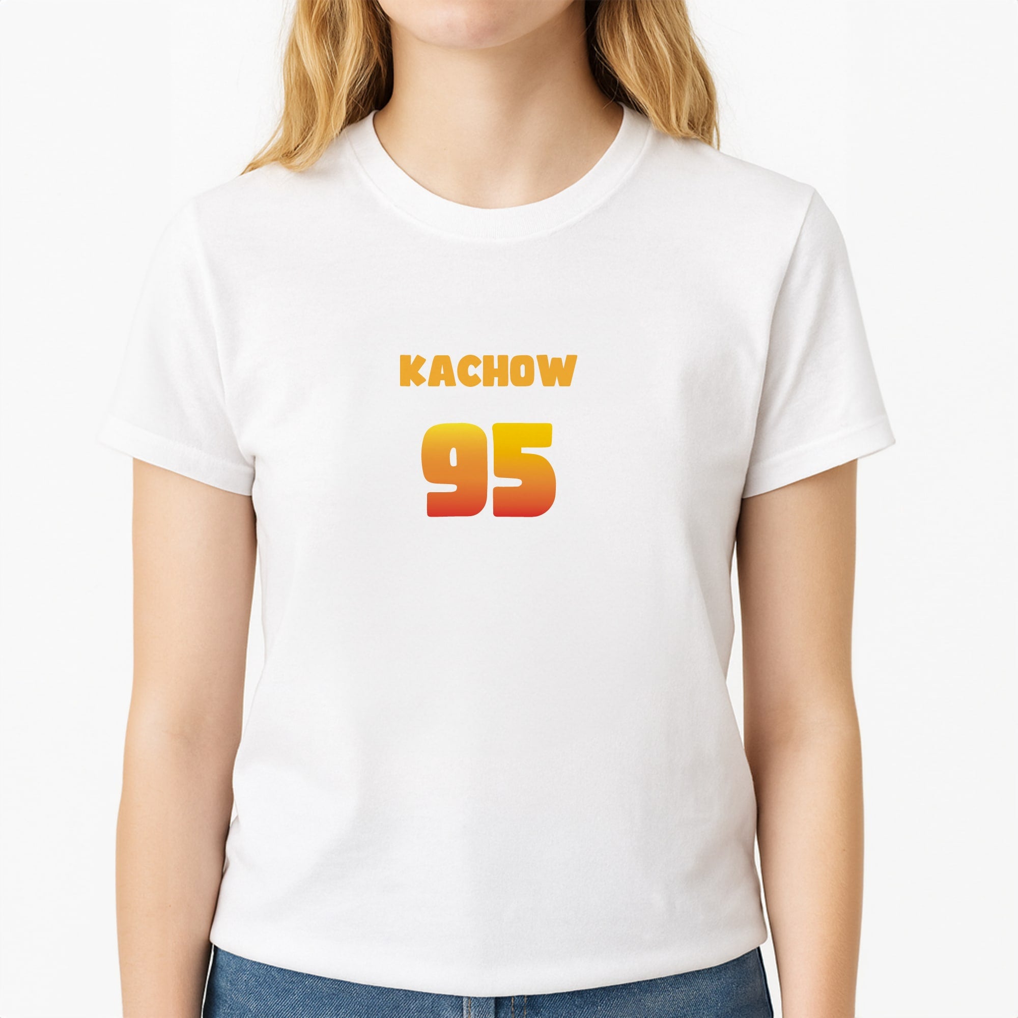 Kachow 95 - Cars Unisex T-Shirt, worn by a female model