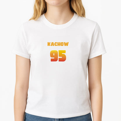 Kachow 95 - Cars Unisex T-Shirt, worn by a female model