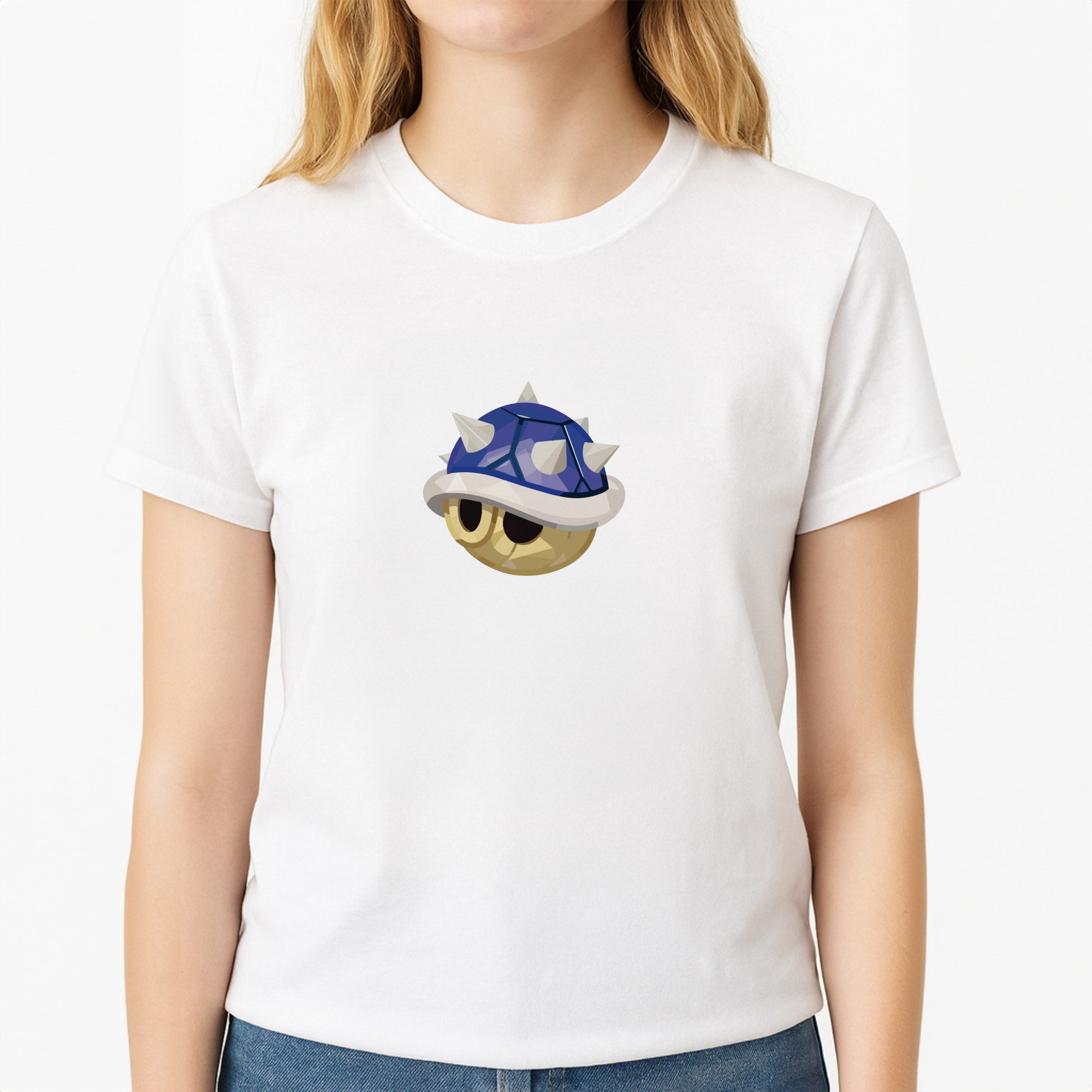 Spiny Shell - Mario Unisex T-Shirt, worn by a female model