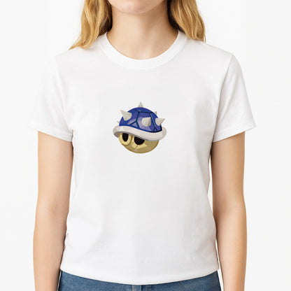 Spiny Shell - Mario Unisex T-Shirt, worn by a female model