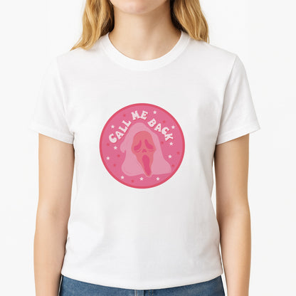 Call Me Back Ghostface - Scream Unisex T-Shirt, worn by a female model
