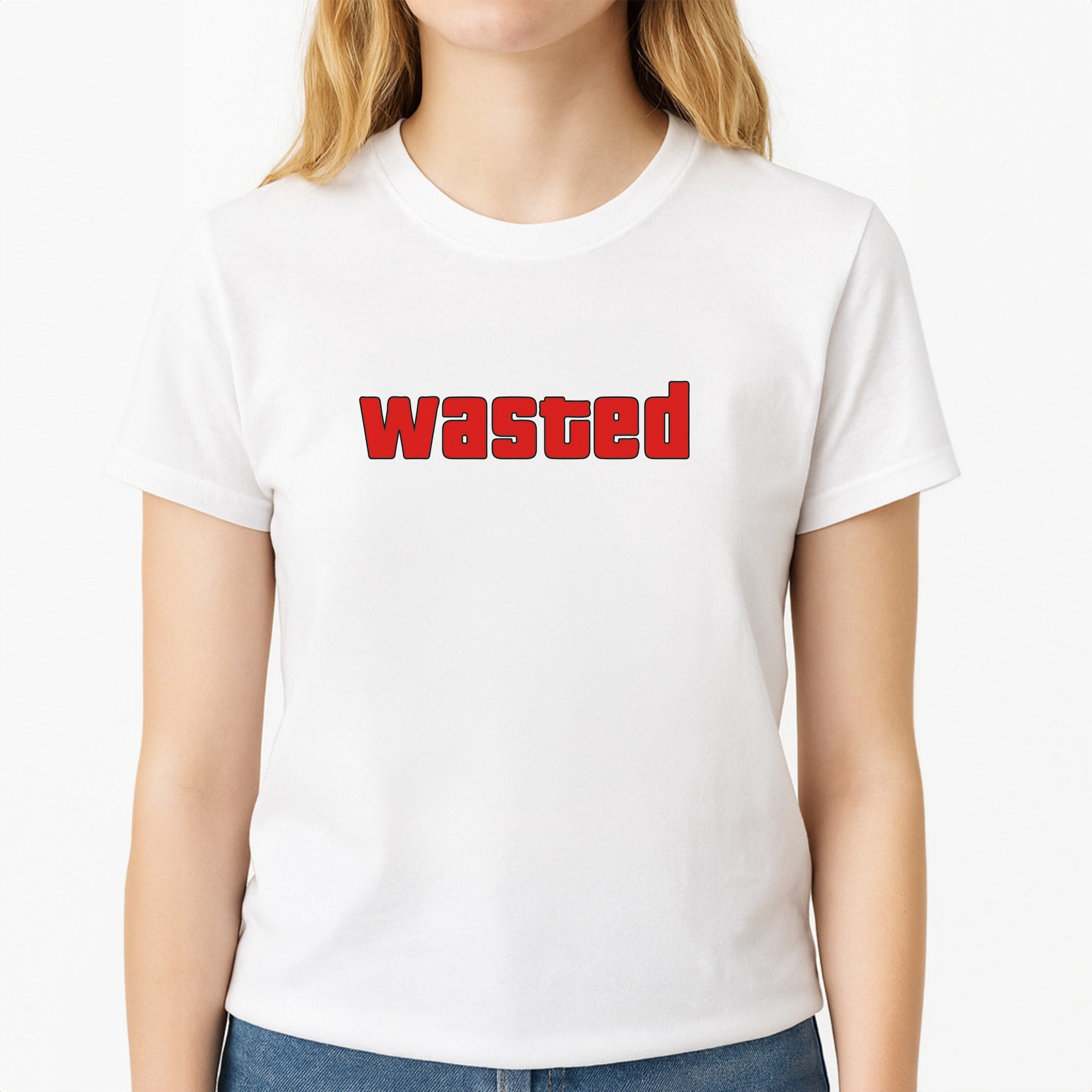 Wasted - Video Game Unisex T-Shirt, worn by a female model