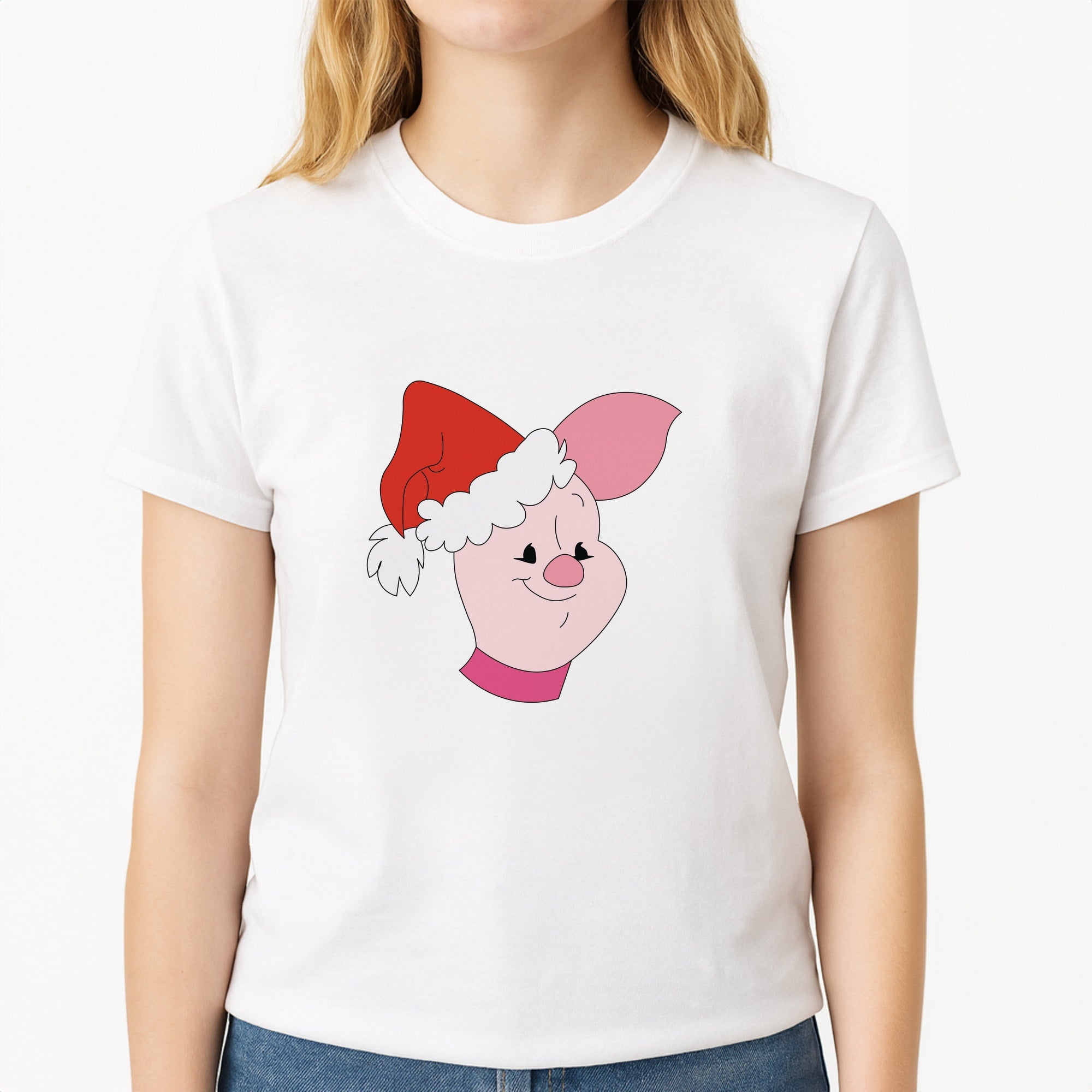 Pig Pattern Christmas Unisex T-Shirt, worn by a female model