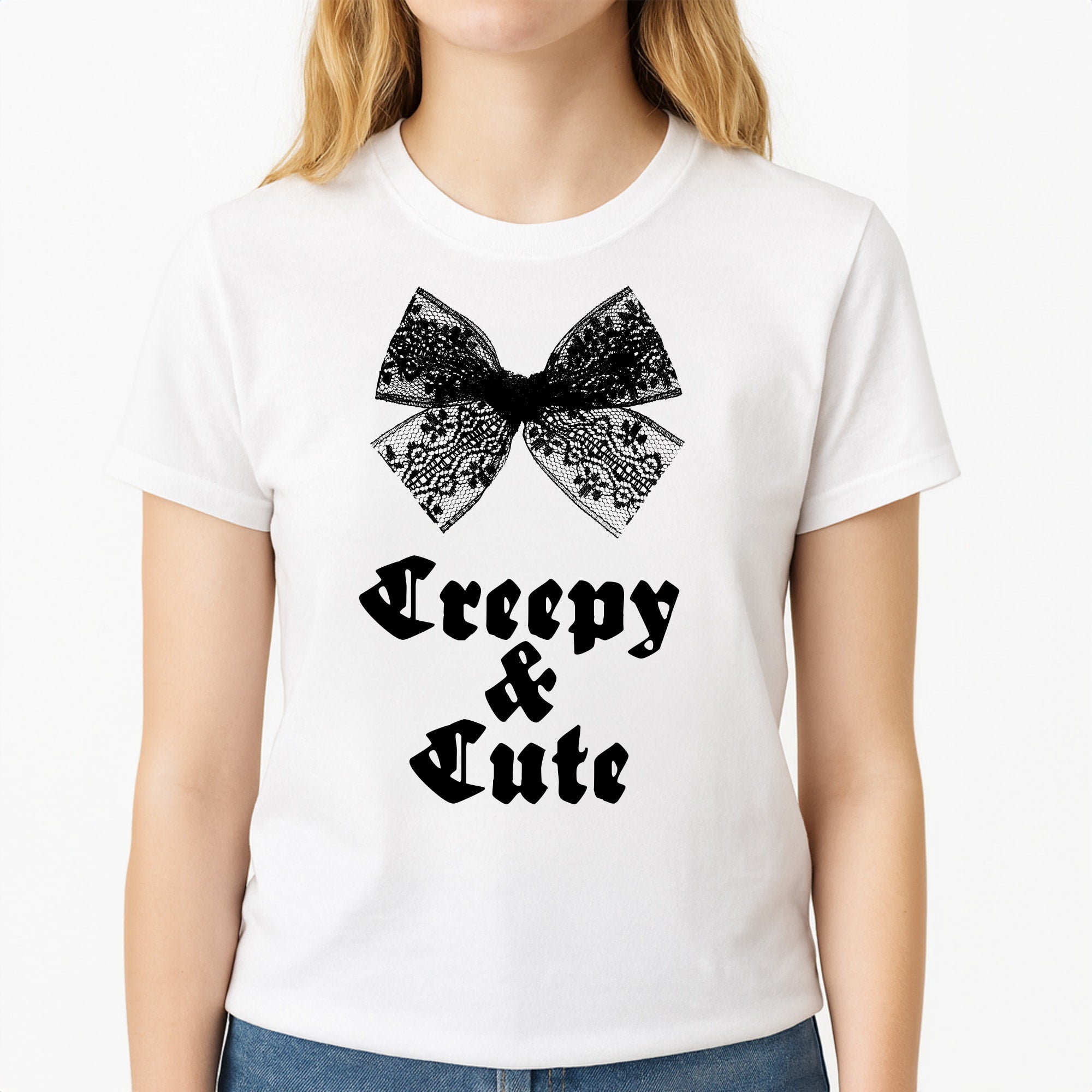 Creepy And Cute Coquette Unisex T-Shirt, worn by a female model