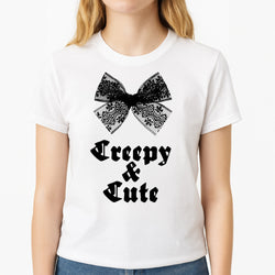 Creepy And Cute Coquette Unisex T-Shirt, worn by a female model
