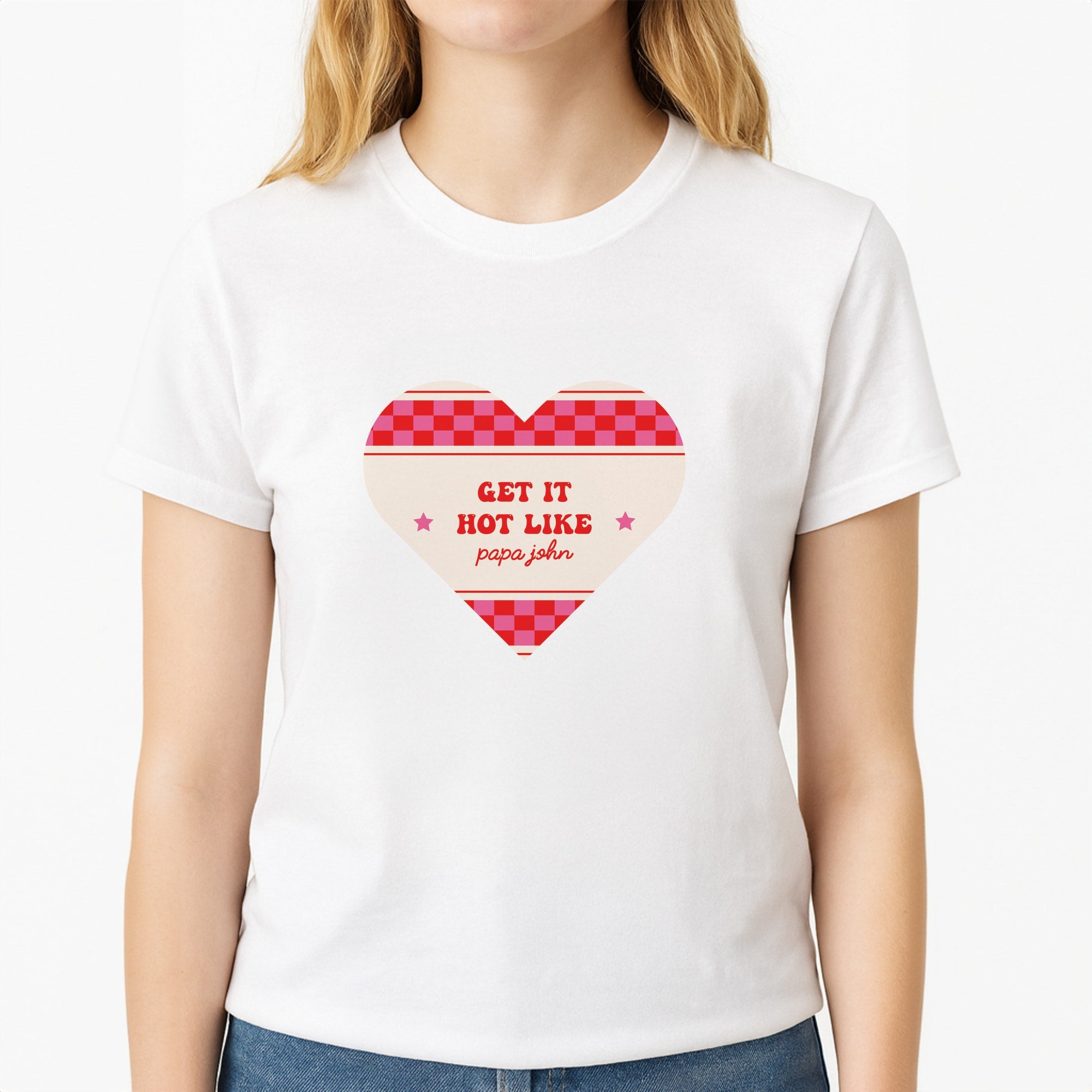 Get It Hot Like Papa John - Chappell Unisex T-Shirt, worn by a female model