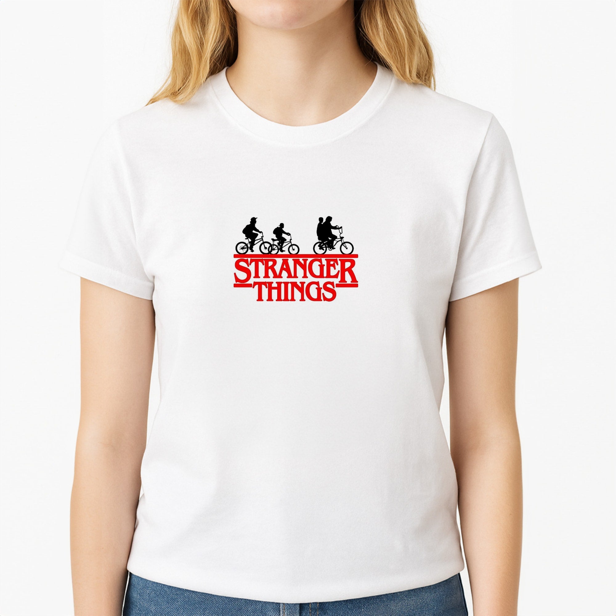 Stranger Cycling Logo Unisex T-Shirt, worn by a female model