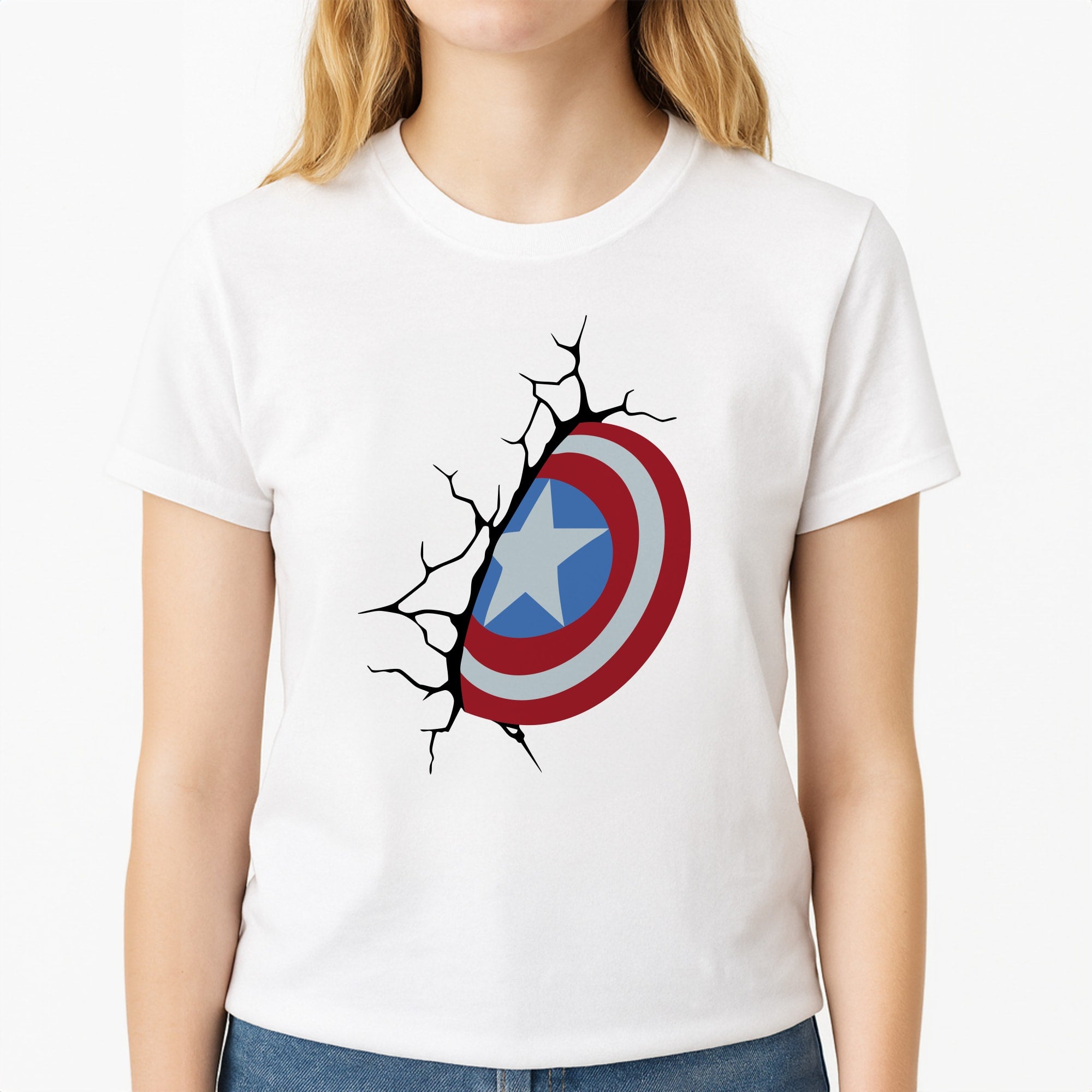 Shield Break Unisex T-Shirt, worn by a female model