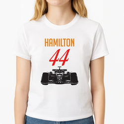 F1 Car Hamilton Unisex T-Shirt, worn by a female model