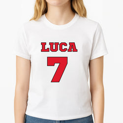 Red - Personalised Football   Unisex T-Shirt, worn by a female model