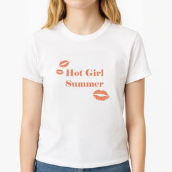 Hot Girl Summer Kisses Unisex T-Shirt, worn by a female model