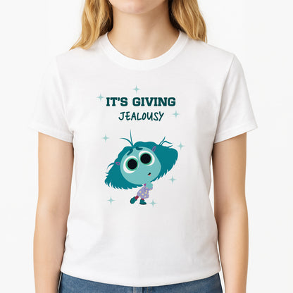 It's Giving Jelousy - Inside Out Unisex T-Shirt, worn by a female model
