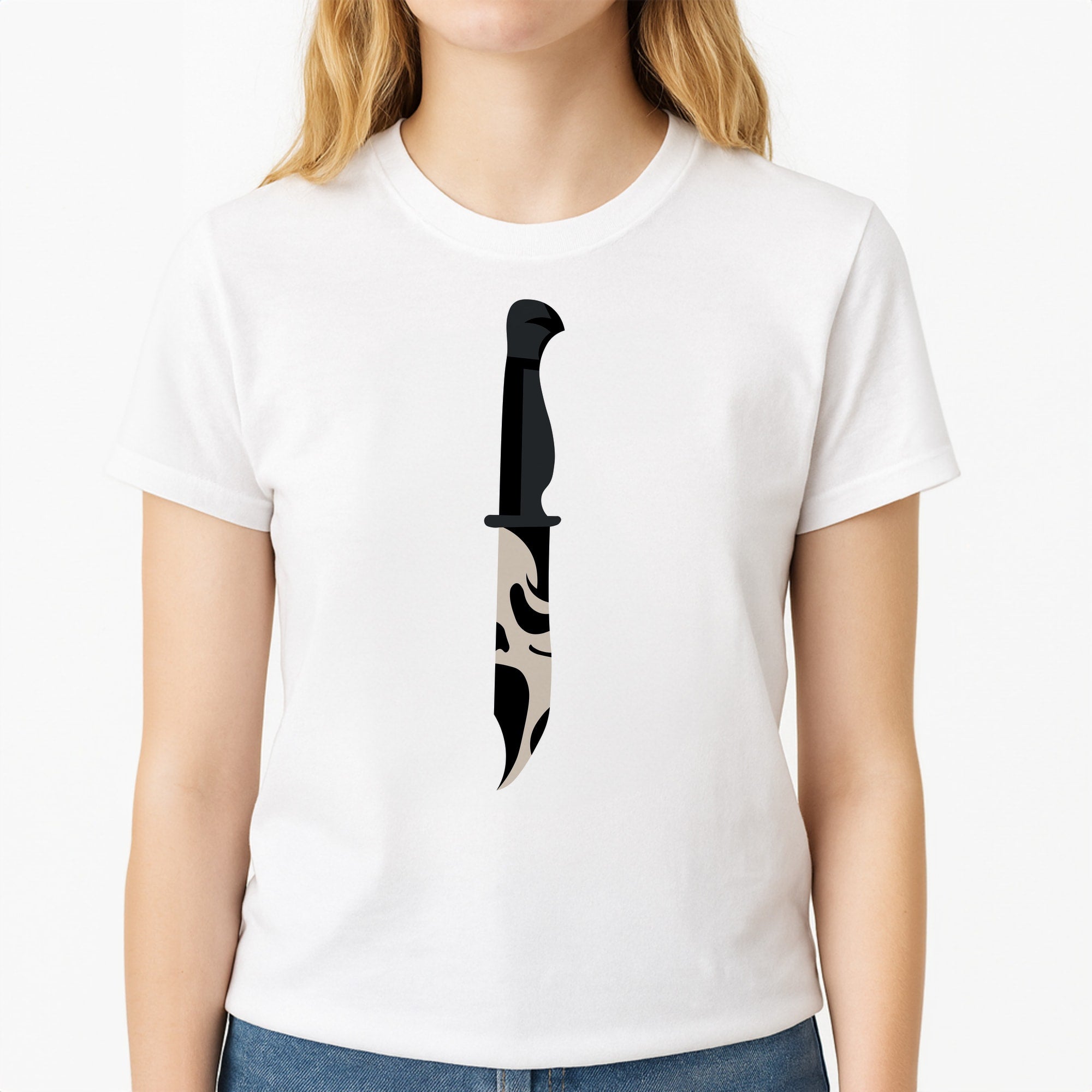 Ghostface Dagger - Scream Unisex T-Shirt, worn by a female model
