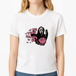 No You Hang Up - Halloween Unisex T-Shirt, worn by a female model